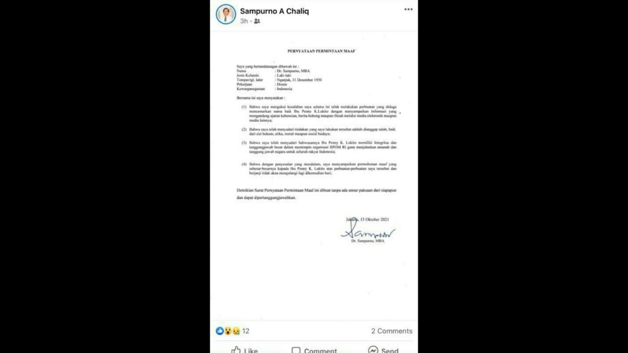 Unggahan permintaan maaf Sampurno A Chaliq.