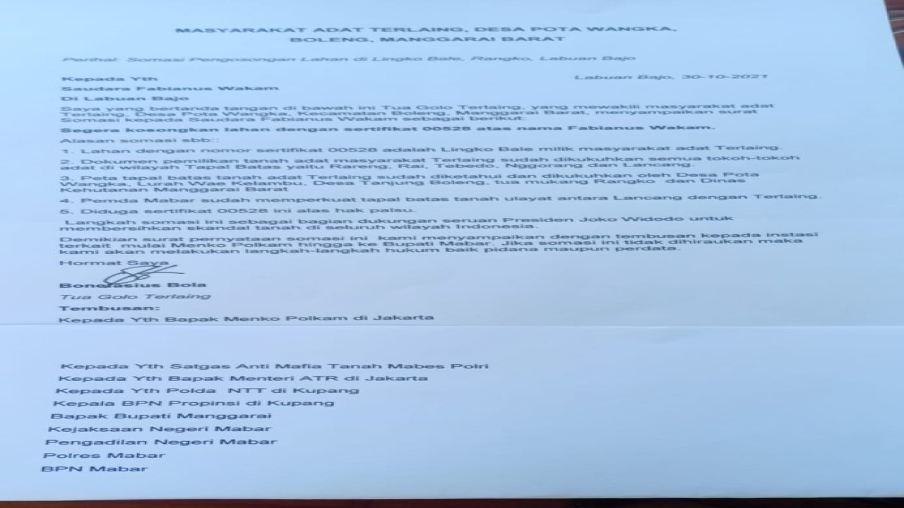 Surat somasi yang dibuat masyarakat adat Terlaing