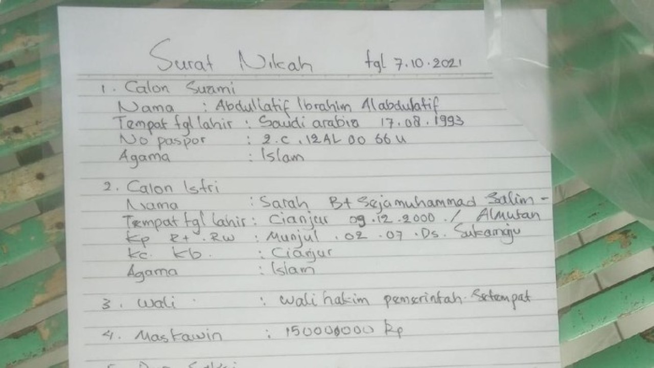Surat perjanjian pernikahan pria Arab dengan Sarah/ist
