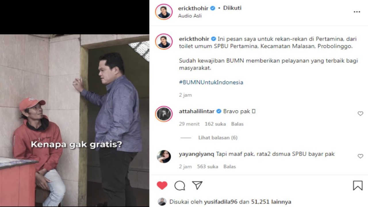 Menteri BUMN meminta PT Pertamina (Persero) terkait toilet di SPBU berbayar digratiskan. (Istimewa)