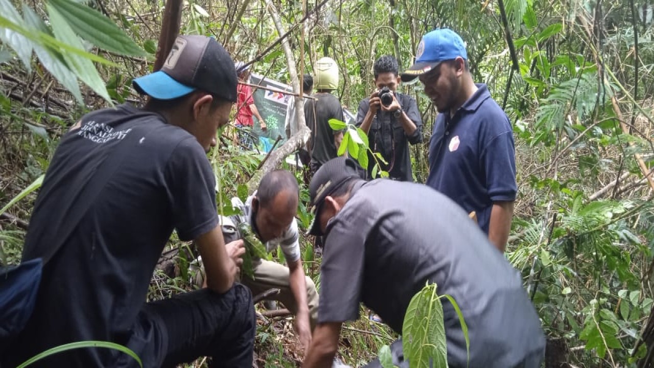 Aliansi Jurnalis Online (AJO) Kabupaten Manggarai Timur menanam ratusan anakan Pohon Ara di salah satu sumber mata air yang ada di Desa Rana Mbeling, Kec.Kota Komba Utara. Foto (Dok. AJO Matim)