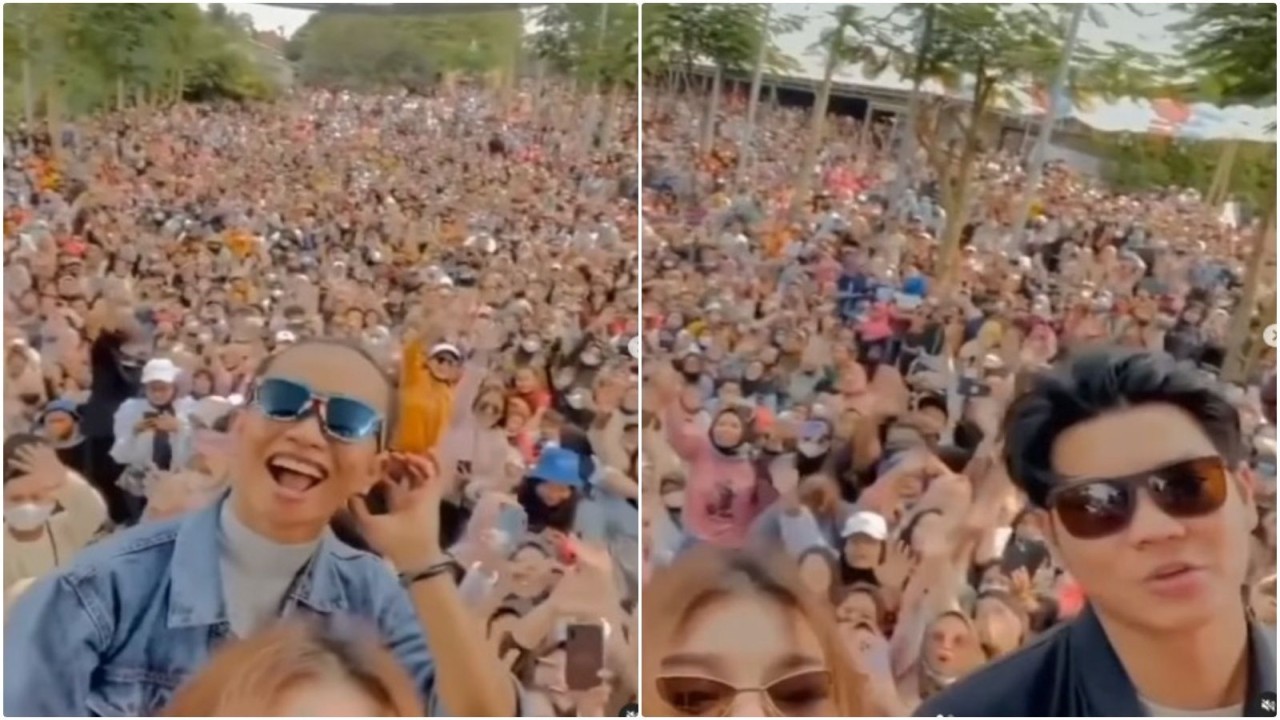 Zinidin Zidan (kiri), Nabila Maharani dan Tri Suaka (kanan) saat tampil dalam konser musik di Subang/ist