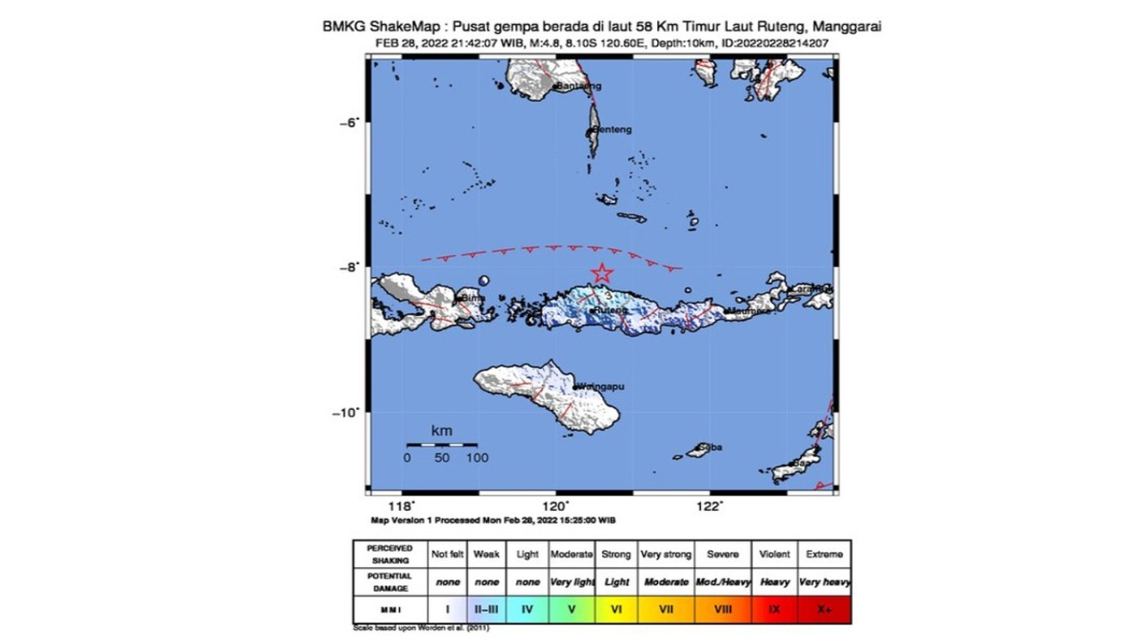 Gempa berkekuatan 4,9 kembali mengguncang wilayah Manggarai, NTT.( Twitter/BMKG)
