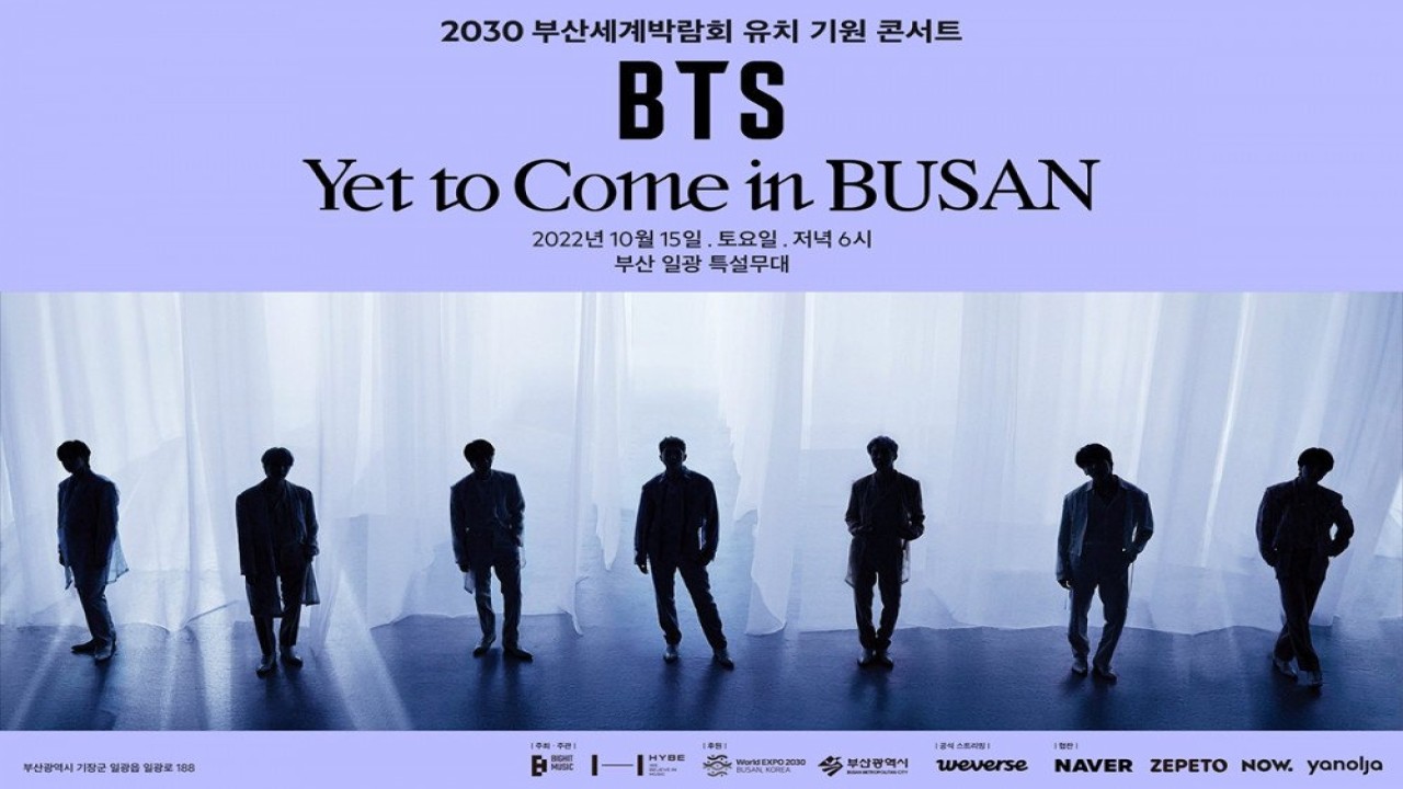 BTS bakal menggelar konser gratis dalam rangka penyelenggaraan World Expo 2030. (Allkpop)