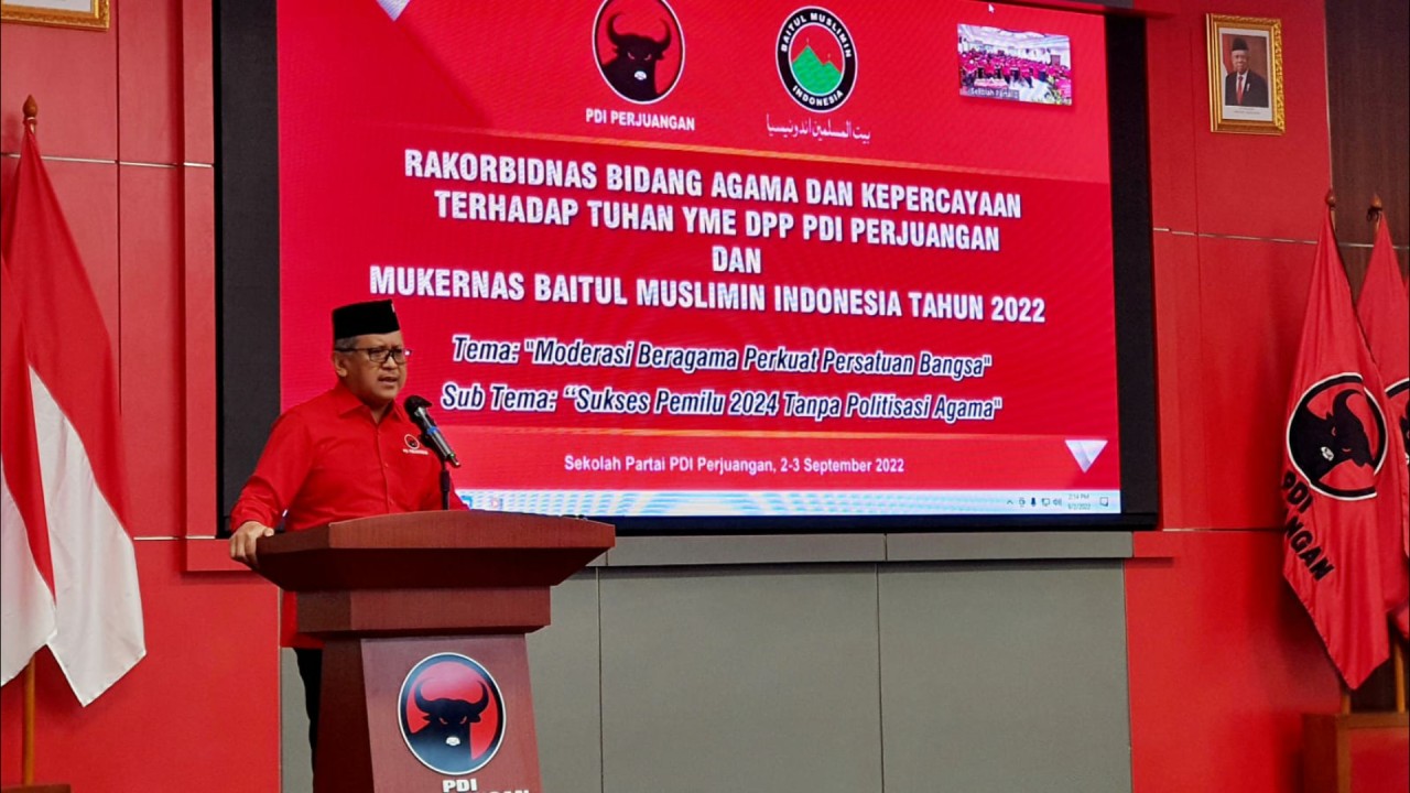 Sekjen PDIP Hasto Kristiyanto di Mukernas Bamusi.