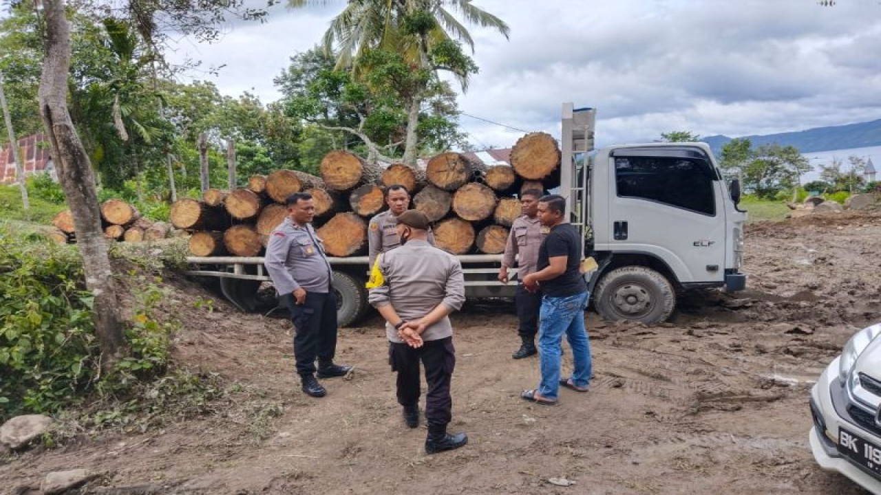 Anggota Polres Samosir meninjau lokasi penebangan ilegal hutan pinus di Desa Hutaginjang, Kecamatan Simanindo, Kabupaten Samosir, Sabtu (12/11/2022). ANTARA/HO-Pahotan Situmorang