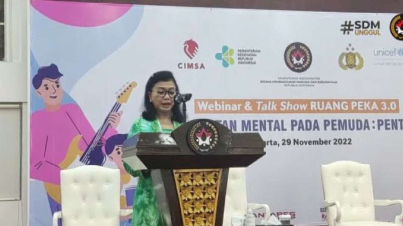 Tangkapan layar Deputi Bidang Koordinasi Peningkatan Kualitas Anak, Perempuan dan Pemuda Kemenko PMK Femmy Eka Kartika Putri pada acara gelar wicara mengenai Kesehatan Mental Pemuda. ANTARA/Wuryanti Puspitasari.