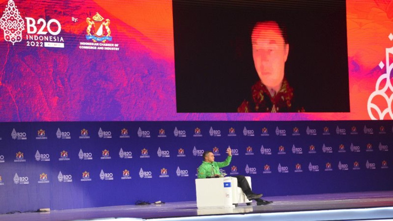 Ketua Dewan Pertimbangan Kadin Indonesia sekaligus Presiden Direktur PT Bakrie & Brothers Tbk (BNBR) Anindya N. Bakrie (bawah) saat dialog dengan CEO Tesla Inc Elon Musk di Bal. ANTARA/HO-BNBR.