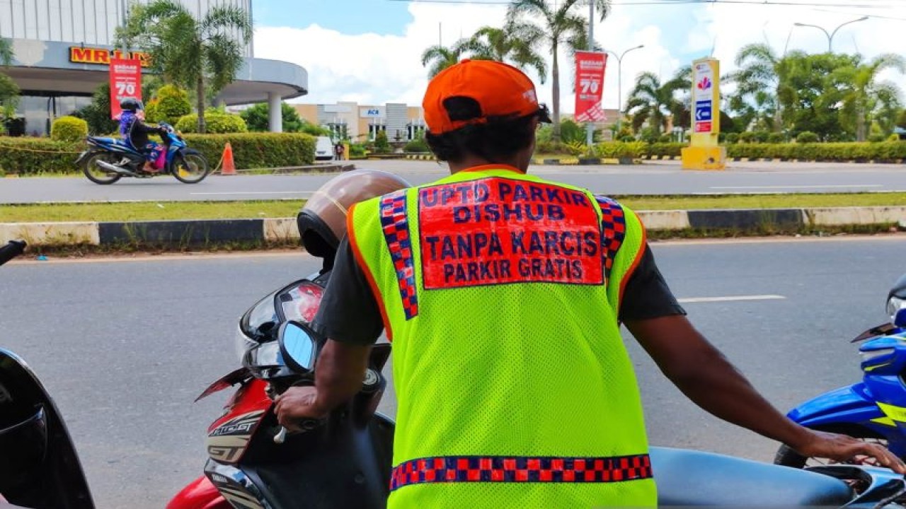 Juru parkir sedang merapikan kendaraan di jalan seberang Mal TCC Kota Tanjungpinang, Selasa (29/11) (Nikolas Panama)