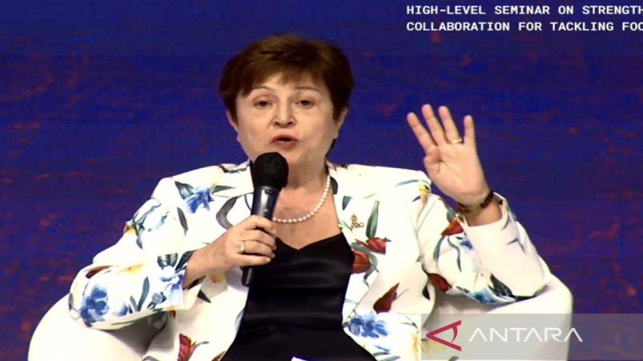 Direktur Pelaksana IMF Kristalina Georgieva menyampaikan pendapatnya pada acara High Level Seminar: Strengthening Global Collaboration for Tackling Food Insecurity yang merupakan rangkaian “side event” pada pertemuan ke-3 FMCBG G20 di BNDCC, Badung, Bali, Jumat (15/7/2022). (ANTARA/Genta Tenri Mawangi)