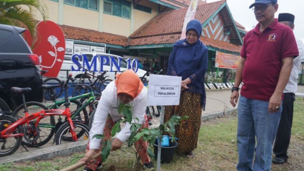 Sekretaris Daerah Kota Pekalongan Sri Rumingsih sedang menanam bibit pohon di SMP Negeri 10 Pekalongan, Jumat (25/11/2022). (ANTARA/Kutnadi)