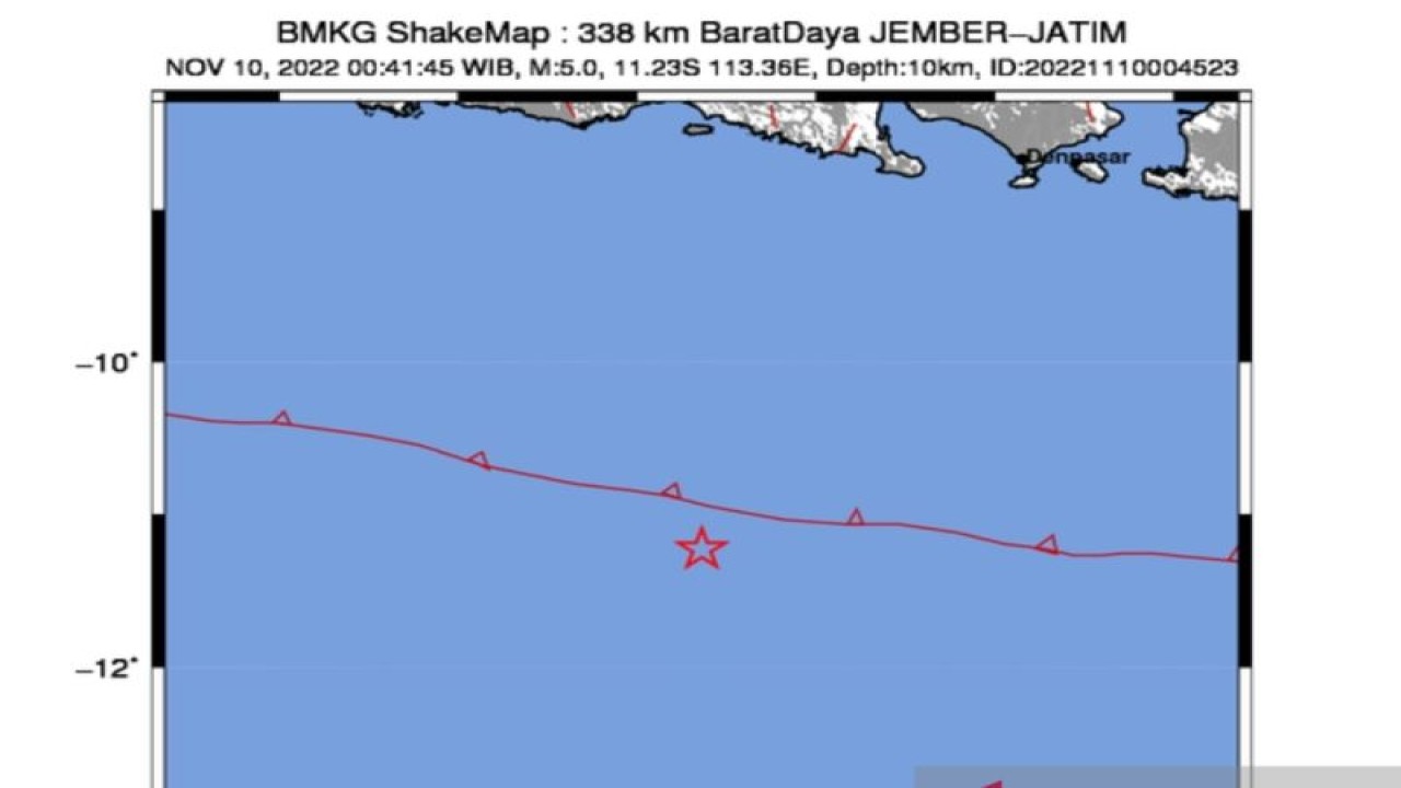 Pusat gempa magnitudo 5 di Jember, Jawa Timur, Kamis (10/11/2022) pukul 00.42 WIB, (ANTARA/HO-BMKG).