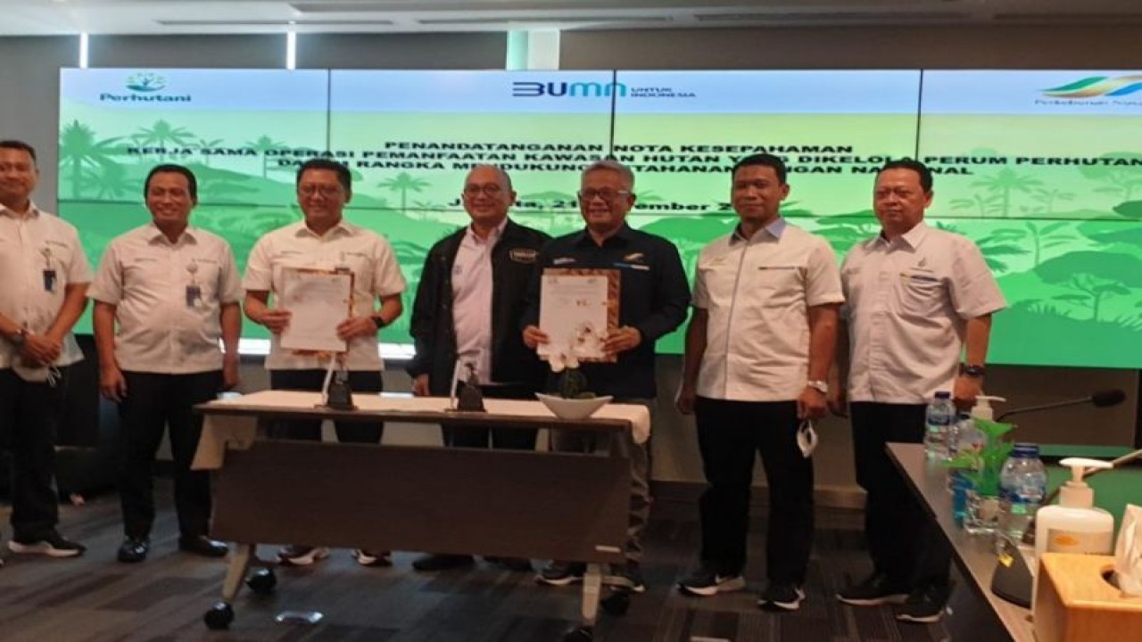 Direktur Utama PT Sinergi Gula Nusantara (SGN) Aris Toharisman (pojok kanan) menyaksikan penandatanganan MOU antara Holding Perkebunan dengan Perhutani. (ANTARA/HO-Sinergi Gula Nusantara)