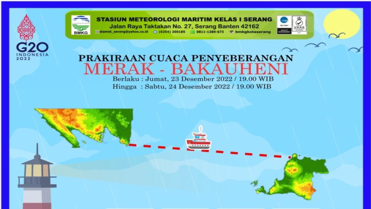 Badan Meteorologi Klimatologi dan Geofisika (BMKG) menyebutkan cuaca gelombang di Perairan Selat Sunda bagian utara pada lintasan penyeberangan Merak - Bakauheni, Lampung kembali relatif normal. ANTARA/HO-BMKG