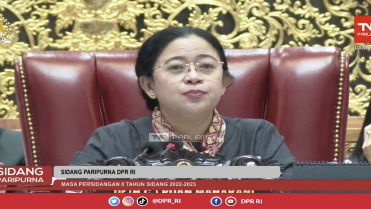 Tangkapan layar Ketua DPR RI Puan Maharani dalam Sidang Paripurna DPR RI ke-13 Sidang Waktu II Tahun 2022 dan 2024 di Jakarta, Kamis (15/12/2022). (ANTARA/AstridFaidlatulHabibah)