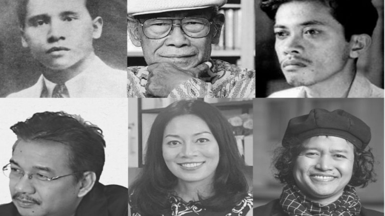 Enam penulis Indonesia yang paling banyak berita di mesin pencarian Google. Dari atas ke kanan; Amir Hamzah, Pramoedya Ananta Toer, Chairil Anwar. Dari bawah ke kanan; Denny JA, Dewi Lestari, Andrea Hirata. (ANTARA/HO-XYZ+)