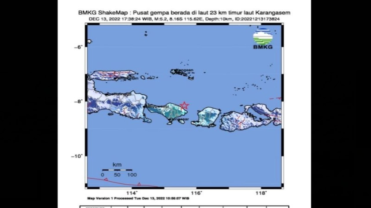 Tangkapan layar peta gempa bumi M5,2 yang mengguncang wilayah Bali, Selasa (13/12/2022) pukul 17.38.24 WIB. ANTARA/HO-BMKG