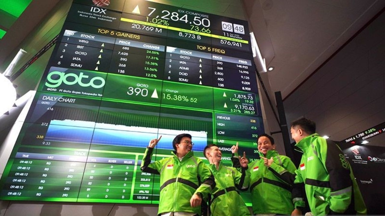 Grafik saham PT GoTo Gojek Tokopedia Tbk (GOTO) yang terlihat di monitor Bursa Efek Indonesia (BEI). ANTARA/HO-GoTo/am.