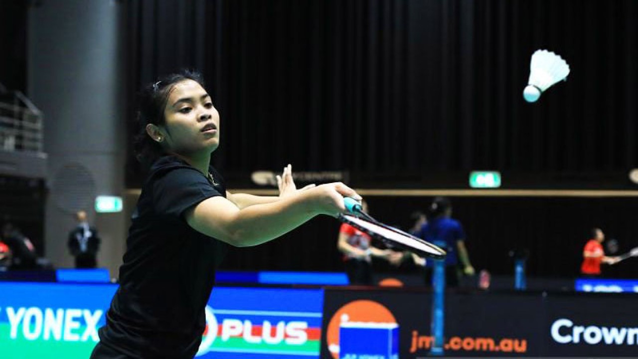 Pebulu tangkis tunggal putri Gregoria Mariska Tunjung saat menjalani latihan di lapangan utama Australian Open 2022 di Quay Centre, Sydney, Australia, Senin (14-11-2022). ANTARA/HO-PP PBSI/aa.