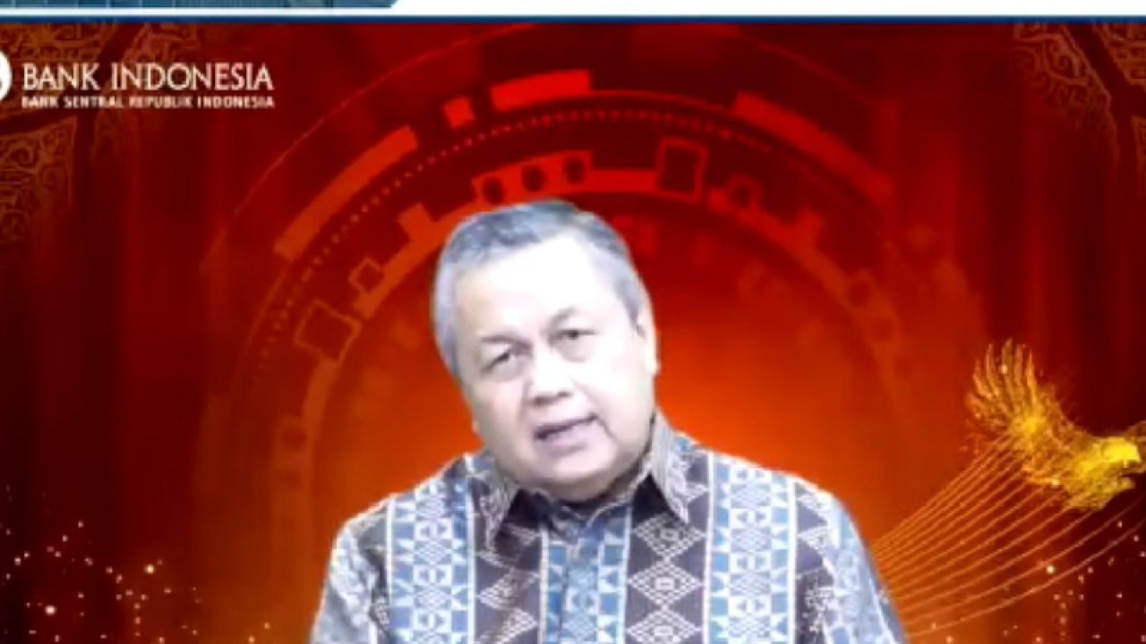 Gubernur Bank Indonesia (BI) Perry Warjiyo dalam Seminar Nasional Outlook Perekonomian Jakarta 2023 yang dipantau secara daring di Jakarta, Rabu (14/12/2022). (ANTARA/Agatha Olivia Victoria)