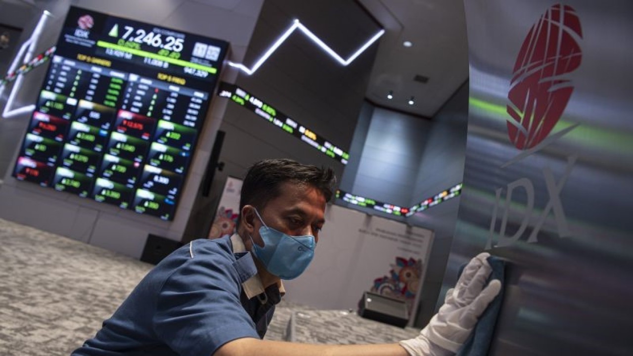 Pekerja membersihkan podium berlatar belakang layar pergerakan indeks harga saham gabungan (IHSG) di Bursa Efek Indonesia, Jakarta, Kamis (28/4/2022). ANTARA FOTO/Sigid Kurniawan/tom.