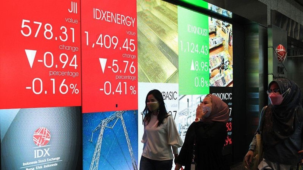 Pekerja melintas di depan layar indeks harga saham gabungan (IHSG) di Gedung Bursa Efek Indonesia, Jakarta, Jumat (11/3/2022). IHSG pada awal pembukaan perdagangan hari Jumat (11/3) ini dibuka melemah pada posisi 6.872. ANTARA FOTO/Reno Esnir/wsj. (ANTARA FOTO/RENO ESNIR)