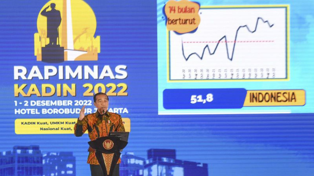Presiden Joko Widodo memberikan arahan saat pembukaan Rapat Pimpinan Nasional (Rapimnas) Kamar Dagang dan Industri (Kadin) 2022 di Hotel Borobudur, Jakarta, Jumat (2/12/2022). ANTARA FOTO/Hafidz Mubarak A/aww.