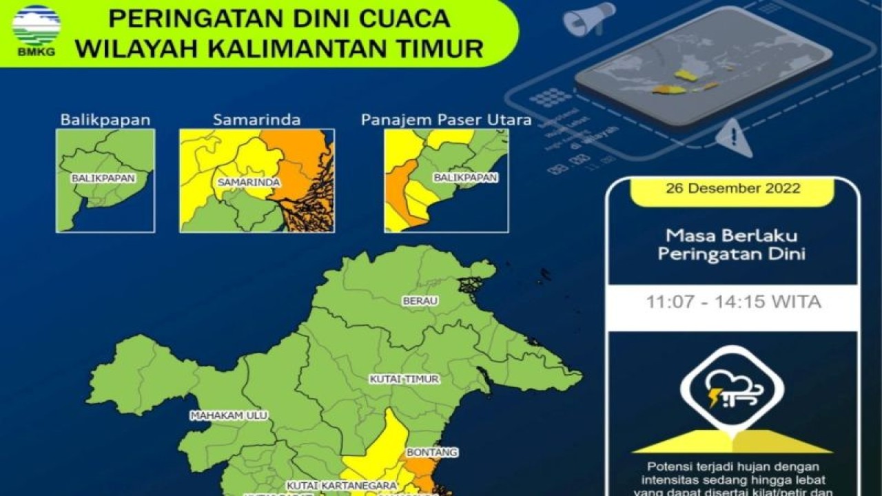 Informasi peringtaan dini cuaca Kaltim yang dikeluarkan oleh BMKG Stasiun Balikpapan, Senin (26/12) (Antara/ HO BMKG Balikpapan)