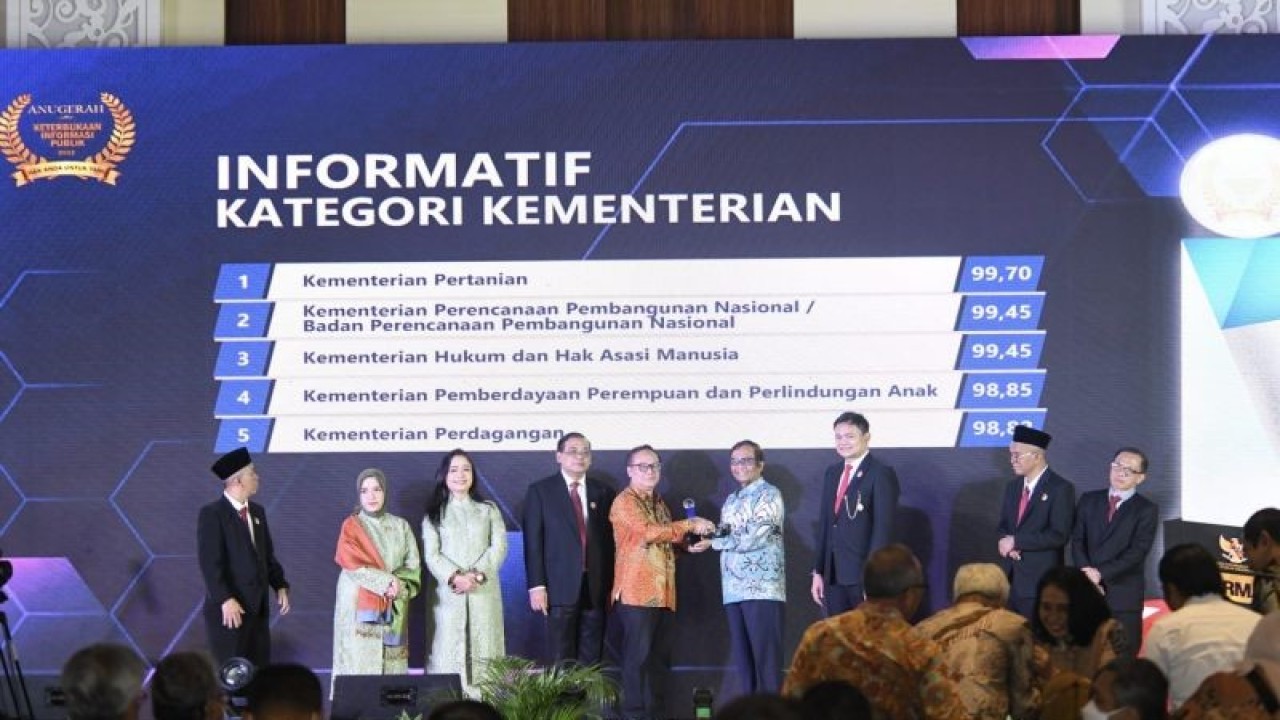Kementerian Hukum dan Hak Asasi Manusia (Kemenkumham) menerima penghargaan sebagai Badan Publik Informatif dari Komisi Informasi (KI) yang diserahkan Menko Polhukam Mahfud MD. (ANTARA/HO-Humas Kemenkumham).