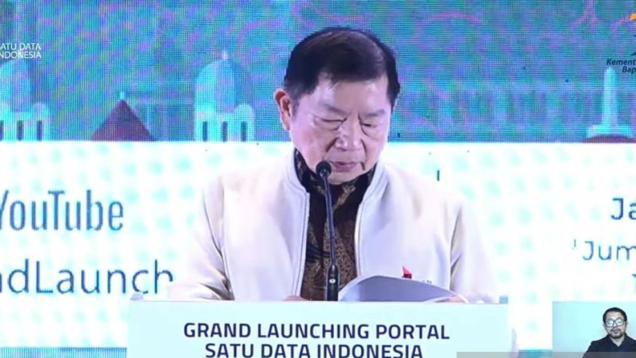 Tangkapan layar Menteri Perencanaan Pembangunan Nasional (PPN/Bappenas) Suharso Monoarfa dalam Grand Launching Satu Data Indonesia di Jakarta, Jumat (23/12/2022). (ANTARA/Sanya Dinda)