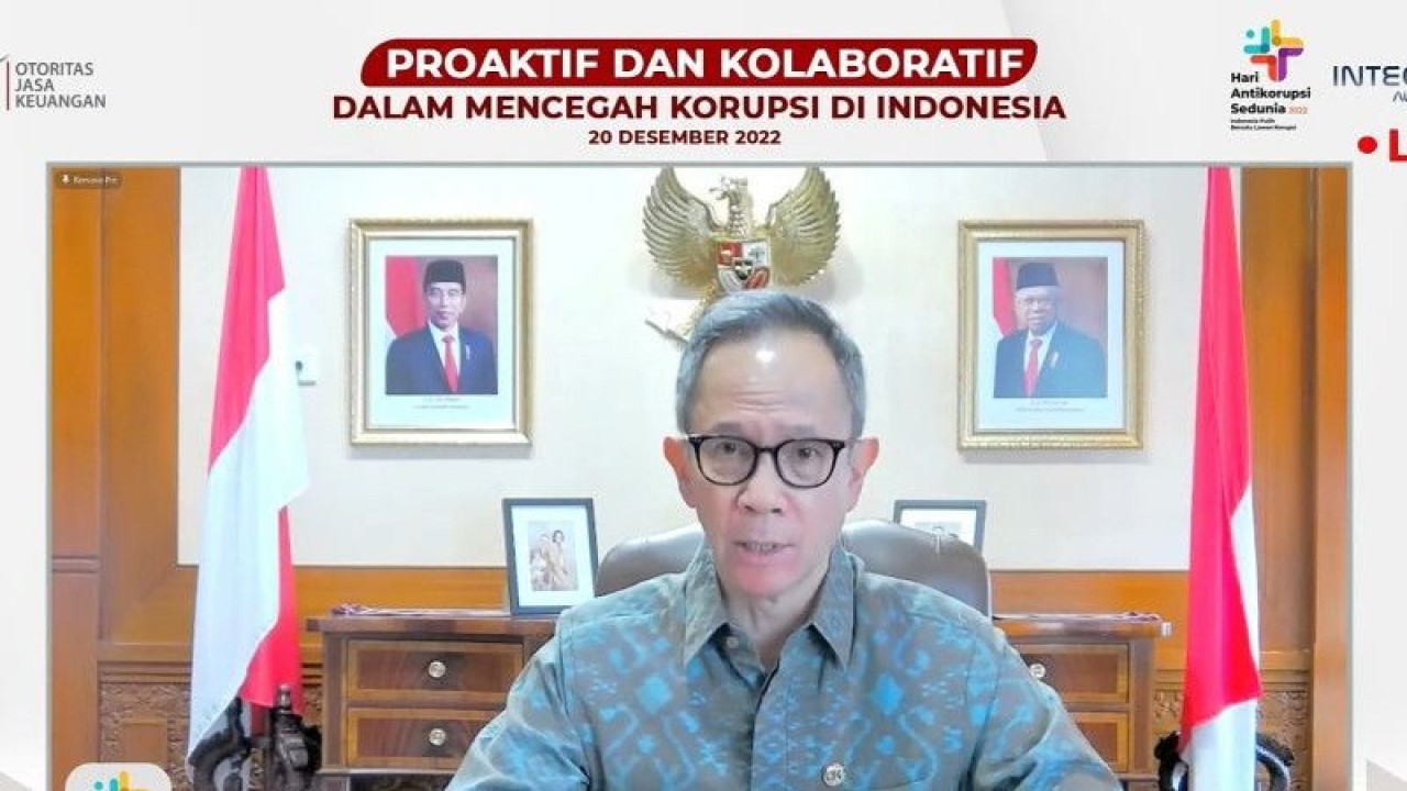 Tangkapan layar Ketua Dewan Komisioner Otoritas Jasa Keuangan (OJK) Mahendra Siregar dalam acara bertajuk Proaktif dan Kolaboratif dalam Mencegah Korupsi di Indonesia dipantau di Jakarta, Selasa. (ANTARA/ Muhammad Heriyanto)