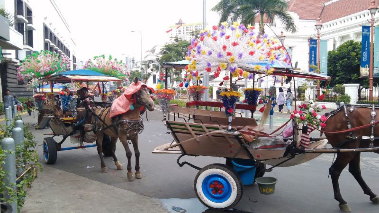 Sejumlah delman siap mengajak wisatawan keliling kawasan Kota Tua saat libur Natal dan tahun baru di Jakarta, Sabtu (24/12/2022) (ANTARA/Dewa Ketut Sudiarta Wiguna)