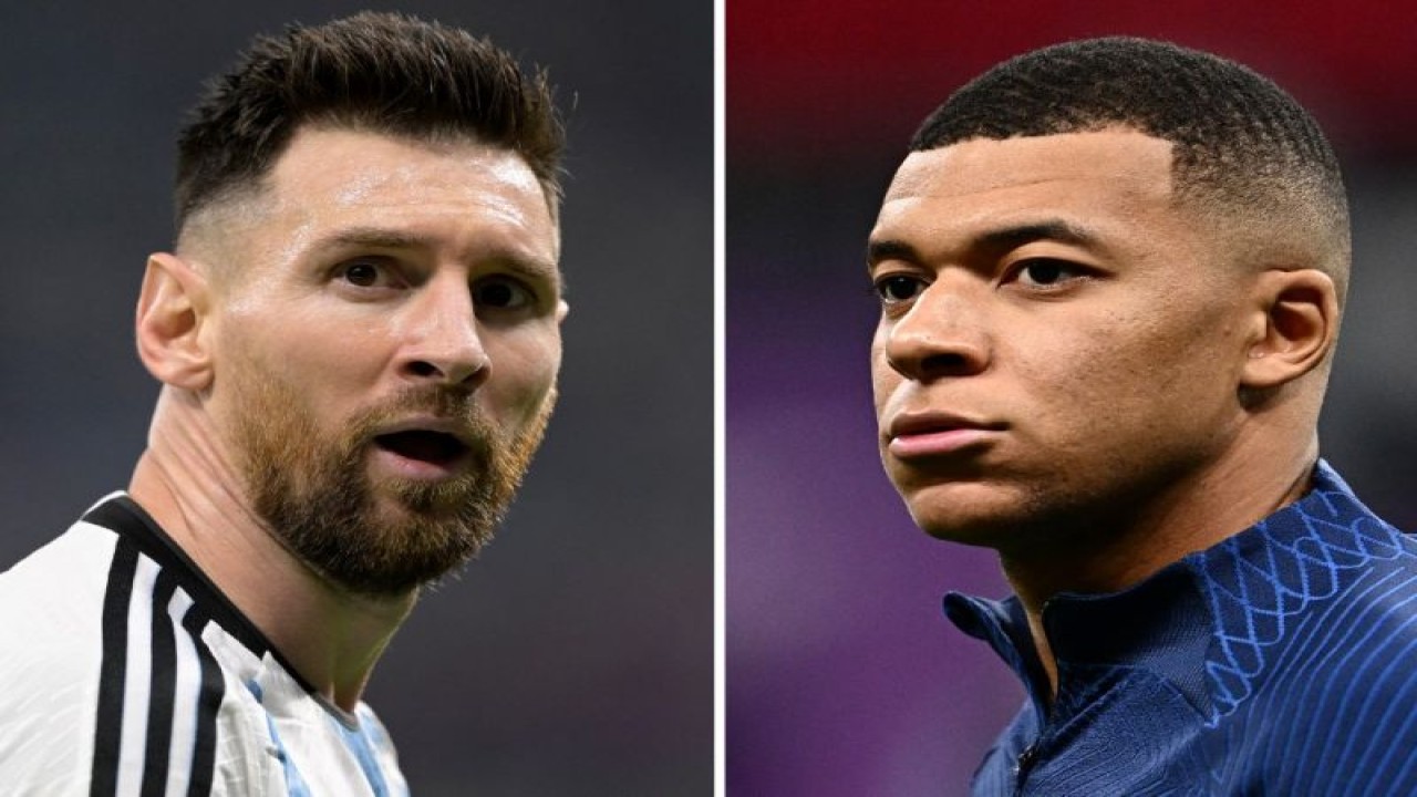 Foto kombinasi Lionel Messi dan Kylian Mbappe menjelang final Piala Dunia 2022 antara Argentina dan Prancis pada 18 Desember 2022.(AFP/JUAN MABROMATA)