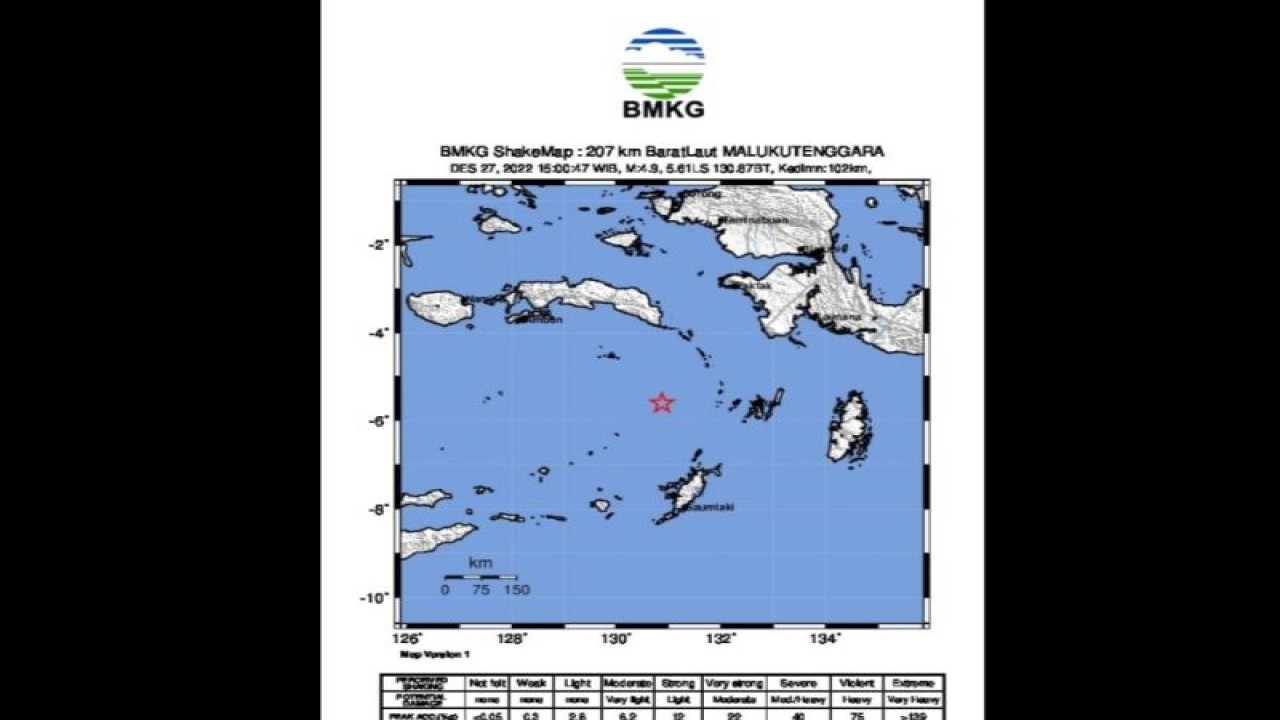 Peta guncangan gempa bumi di wilayah Laut Banda, Maluku Tengah, Maluku, Selasa (27/12/2022). (ANTARA/HO-BMKG)