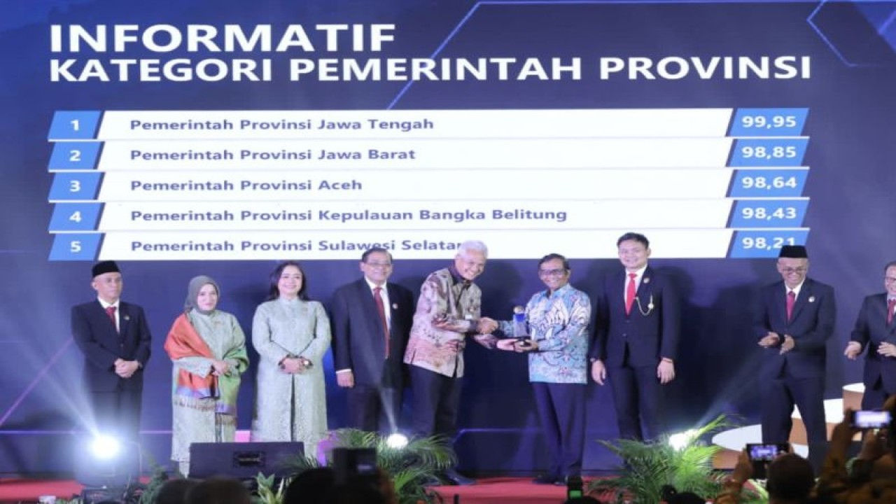Menteri Koordinator Politik Hukum dan Keamanan Mahfud MD memyerahkan penghargaan kepada Gubernur Jateng Ganjar Pranowo. (ANTARA/HO-Humas Pemprov Jateng)