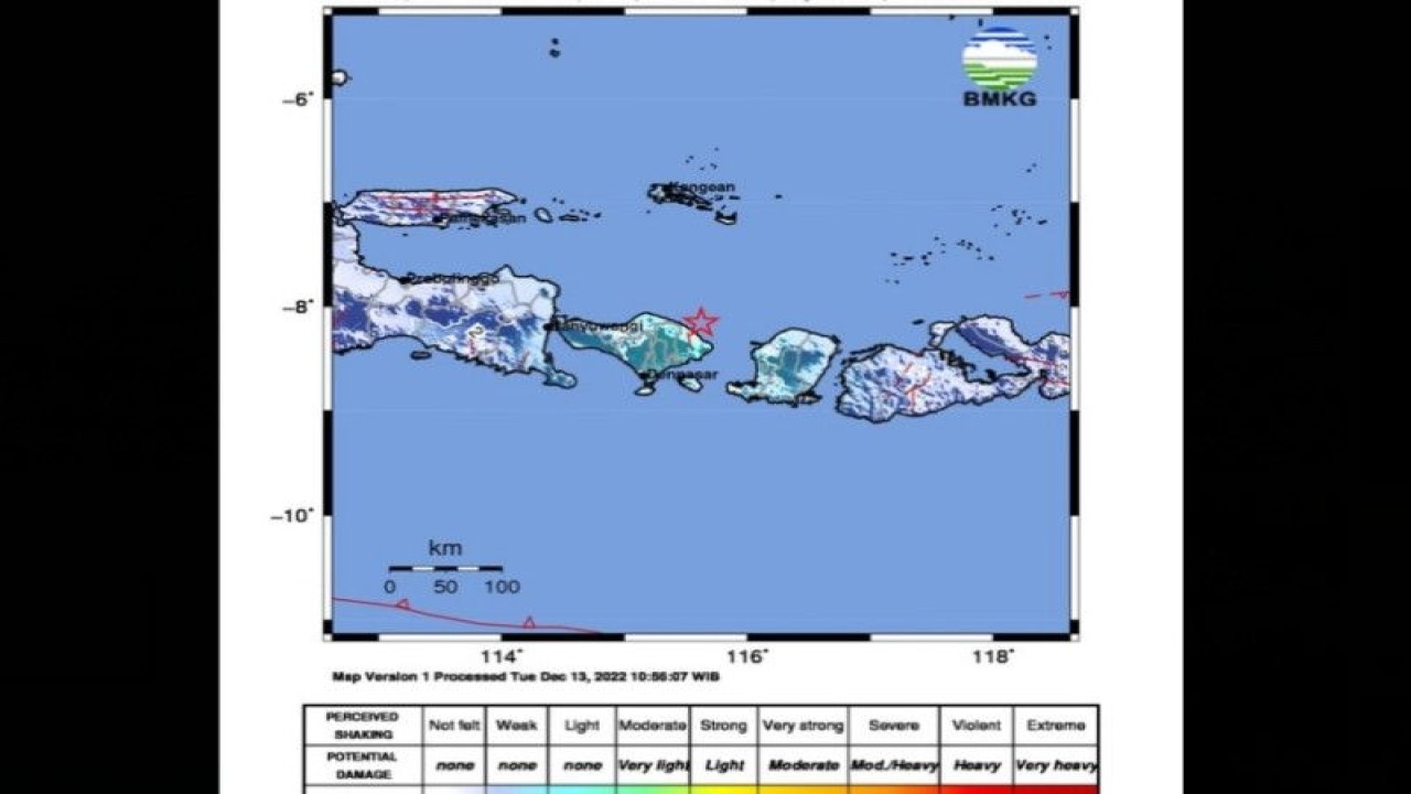 Tangkapan layar peta gempa bumi M5,2 yang mengguncang wilayah Bali, Selasa (13/12/2022) pukul 17.38 WIB. (ANTARA/HO-BMKG)