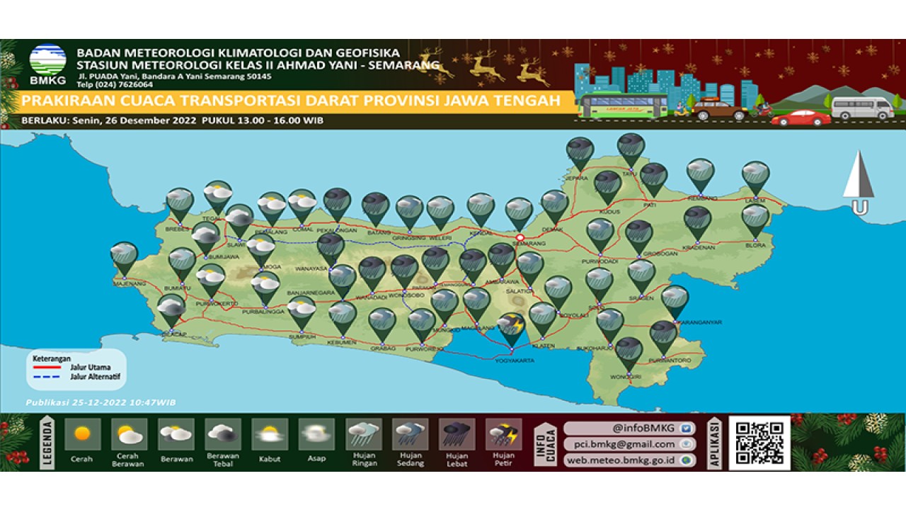 Peta prakiraan cuaca jalur darat di wilayah Jawa Tengah yang disajikan BMKG melalui laman posko.cuacajateng.com dalam rangka menyambut Tahun Baru 2023. ANTARA/HO-BMKG
