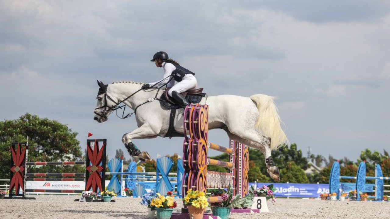 Peserta melakukan aksi melompat palang rintang pada Indonesian Horse Lovers Festival di Equinara Horse Sports, Pulomas , Jakarta, Minggu (23/10/2022). (ANTARA FOTO/ASPRILLA DWI ADHA)