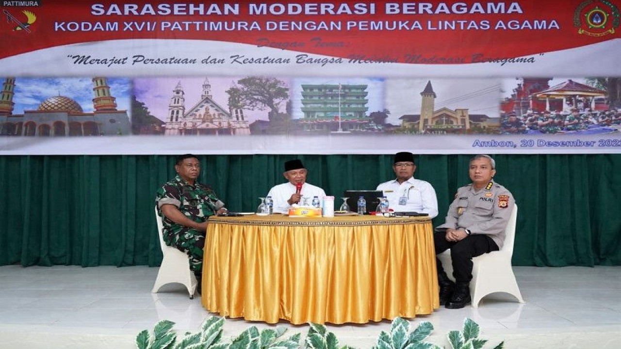 Sarasehan moderasi beragama bertajuk "Merajut Persatuan dan Kesatuan Bangsa Melalui Moderasi Beragama" digelar Kodam XVI/Pattimura, di Kota Ambon, Selasa (20/12/2022). ANTRA/HO-Pendam XVI/Pattimura