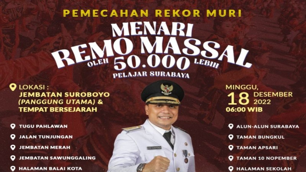 Sebanyak 50.000 pelajar bakal menari remo massal di sejumlah lokasi bersejarah di Kota Surabaya, Jawa Timur, pada Minggu (18/12/2022). (ANTARA/HO-Diskominfo Surabaya)
