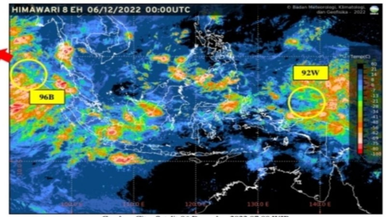Tangkapan layar peta bibit siklon tropis 96B di sekitar Teluk Benggala. (ANTARA/HO-BMKG)
