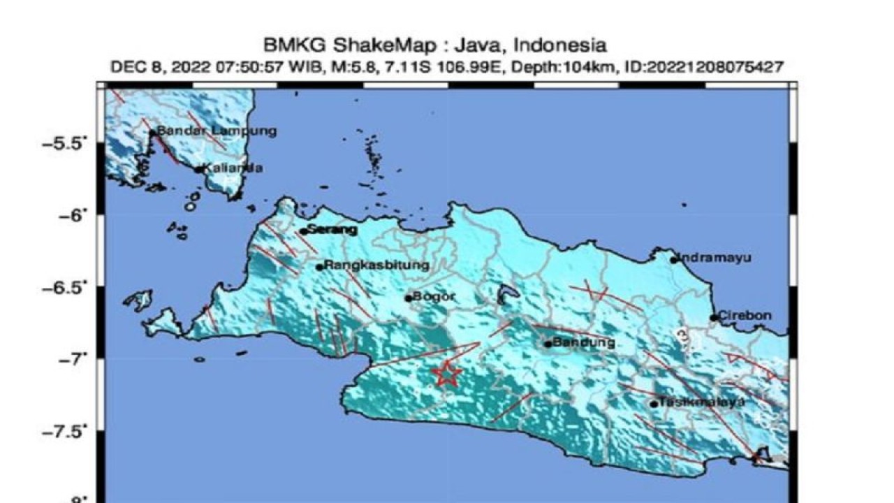 Titik gempa M5,8 itu berbasis di Kota Sukabumi, Jabar, Kamis, pukul 07.50 WIB. ANTARA/HO/BMKG