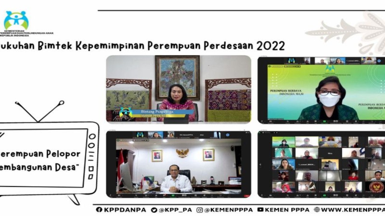 Menteri Pemberdayaan Perempuan dan Perlindungan Anak Bintang Puspayoga (kiri atas) pada kegiatan Penutupan Bimtek Kepemimpinan Perempuan Perdesaan "Pengukuhan Perempuan Pelopor Pembangunan di Desa" secara virtual. (ANTARA/ HO-Kemen PPPA)