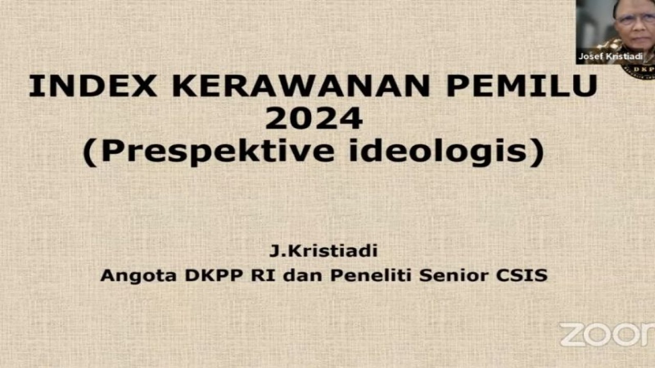 Tangkapan layar anggota DKPP J. Kristiadi pada webinar "Sosialisasi Indeks Kerawanan Pemilu 2024" yang diselenggarakan Ditjen Politik dan Pemerintahan Umum Kementerian Dalam Negeri di Jakarta Selasa (27-12-2022). ANTARA/Boyke Ledy Watra