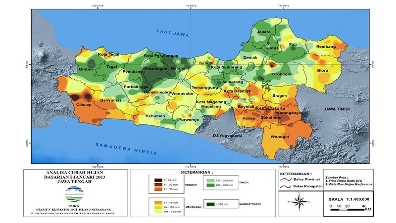 Analisis curah hujan di wilayah Jawa Tengah pada dasarian pertama bulan Januari 2023. ANTARA/HO-BMKG