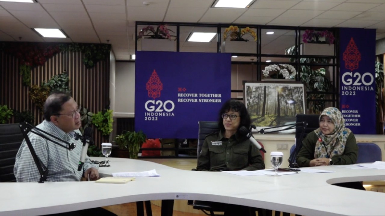 Tangkapan layar Direktur Konservasi Keanekaragaman Hayati Spesies dan Genetik Indra Exploitasia (tengah) dalam diskusi Podcast Pojok Iklim diikuti virtual dari Jakarta, Rabu (11/1/2023) (ANTARA/Prisca Triferna)