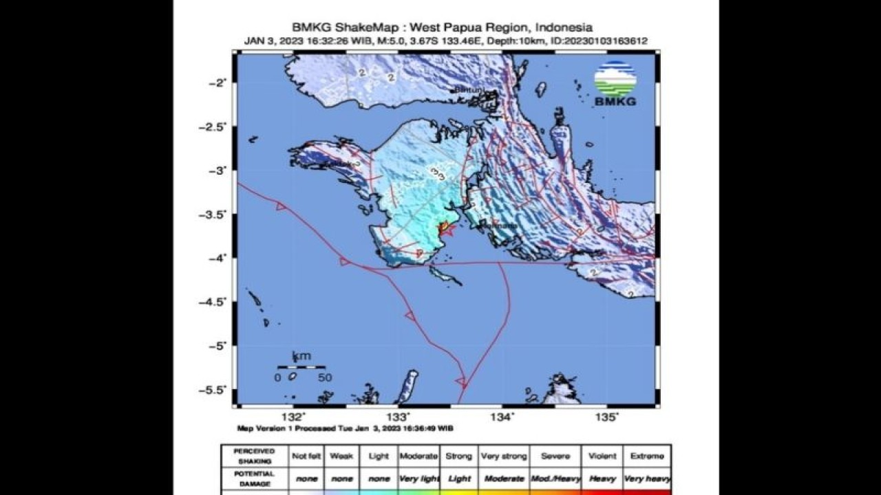 Peta gempa bumi berkekuatan magnitudo 5 yang mengguncang wilayah pantai timur Kaimana, Papua Barat pukul 16.32 WIB, Selasa (3/1/2023). (ANTARA/HO-BMKG)