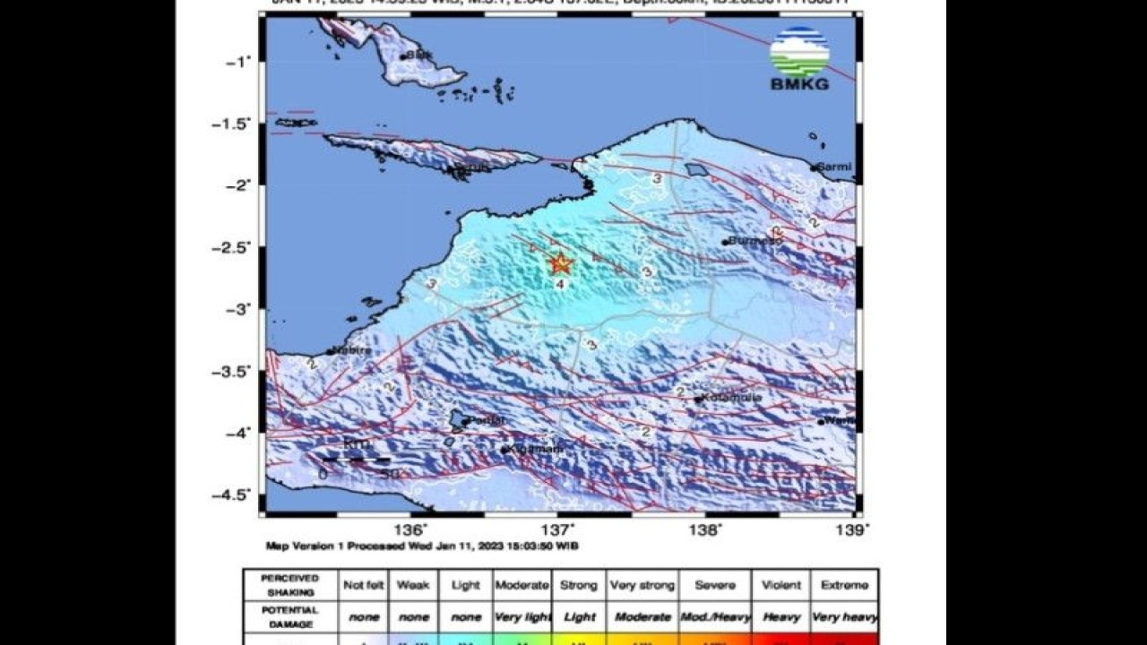 Peta gempa bumi di darat berkekuatan magnitudo 5,1 mengguncang wilayah Papua pukul 14.59 WIB, Rabu (11/1/2023). (FOTO ANTARA/HO-BMKG)