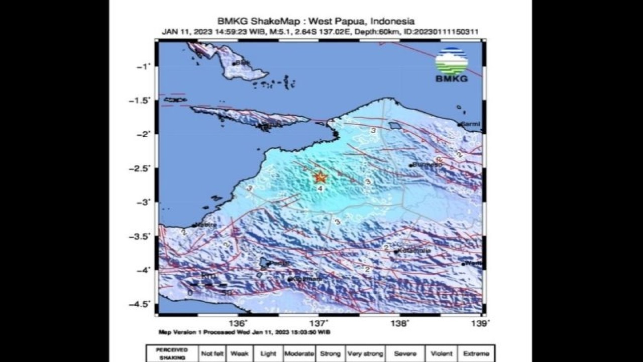 Peta gempa bumi bermagnitudo 5,1 yang mengguncang wilayah Kirihi, Waropen, Papua, Rabu (11/1/2023), pukul 14.59 WIB. (ANTARA/HO-BMKG)