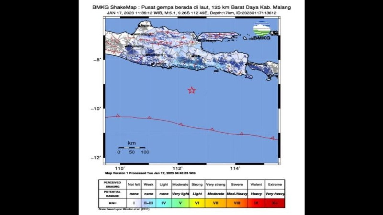 Peta guncangan gempa magnitudo 5,1 di wilayah Malang, Jawa Timur pukul 11.36 WIB, Selasa (17/1/2023). (ANTARA/HO-BMKG)